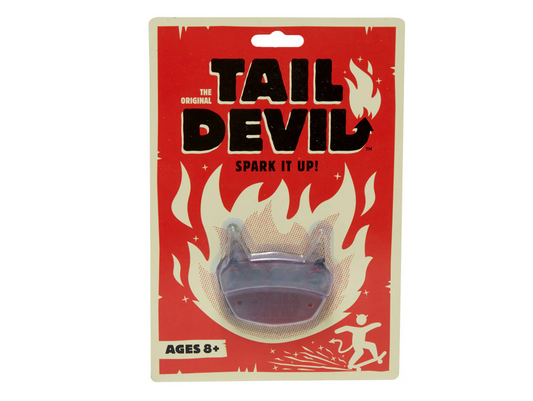 Tail Devil product packaging with flames and text on a red background