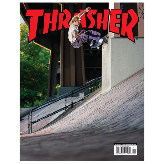 Thrasher magazine cover featuring a skateboarder mid-trick on a concrete ramp under a large red Thrasher logo.