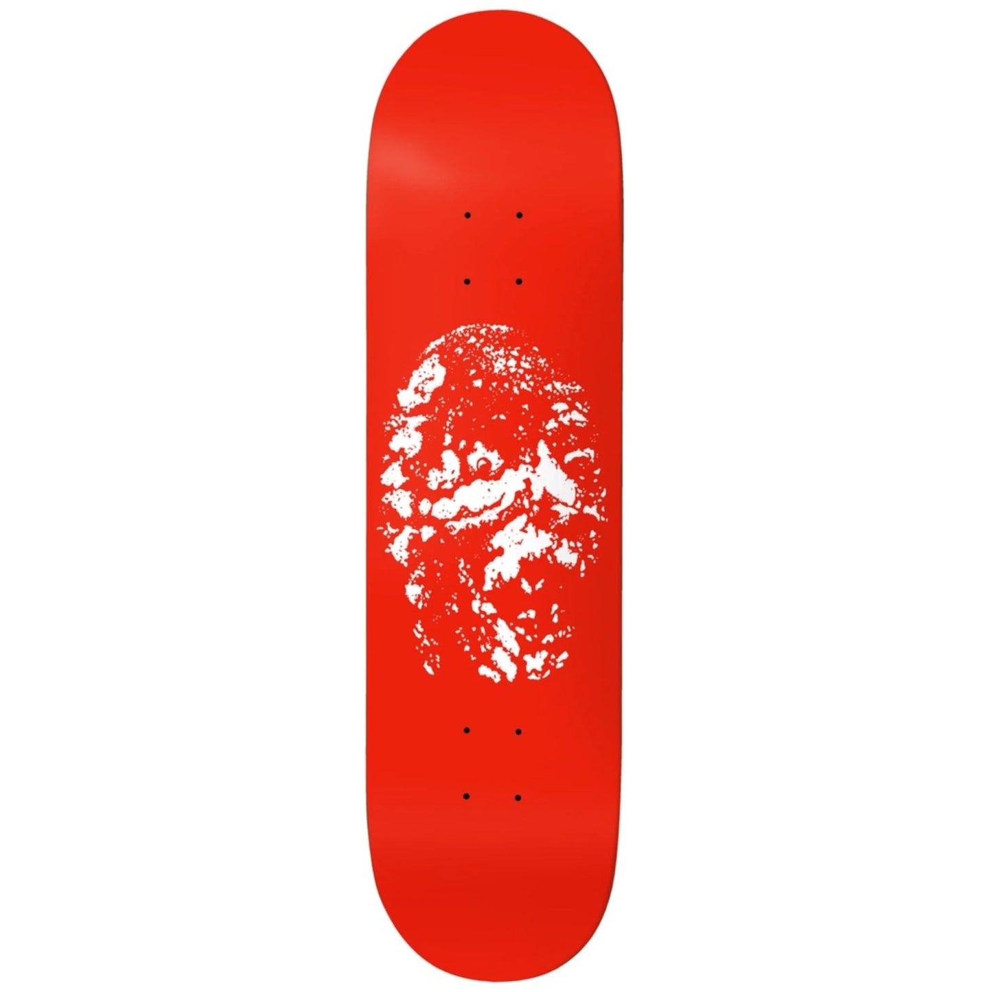 Red skateboard deck with a white graphic design on a white background