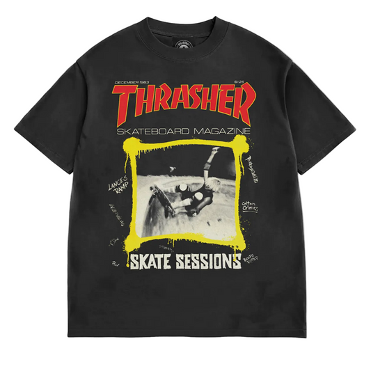 Black t-shirt with Thrasher Skateboard Magazine graphic design on a white background