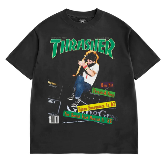 Black t-shirt with colorful graphics and text on a white background