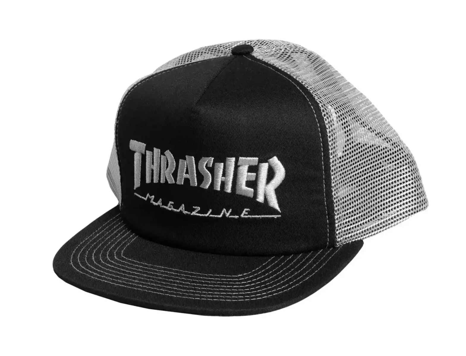 Black and white trucker cap with 'Thrasher Magazine' logo on a white background