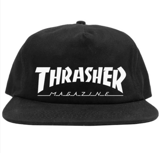 Black cap with 'Thrasher Magazine' logo on a white background