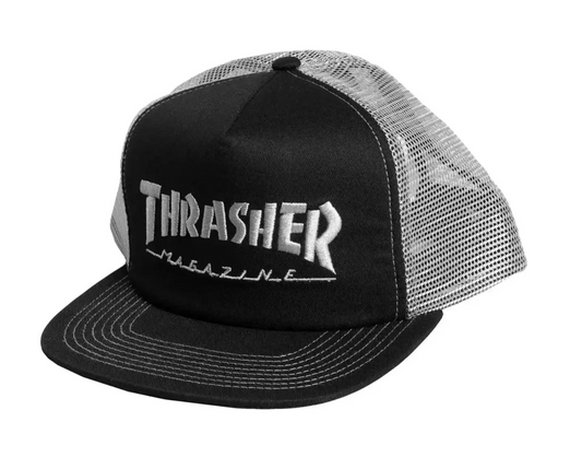 Black and white cap with 'Thrasher Magazine' logo on a white background