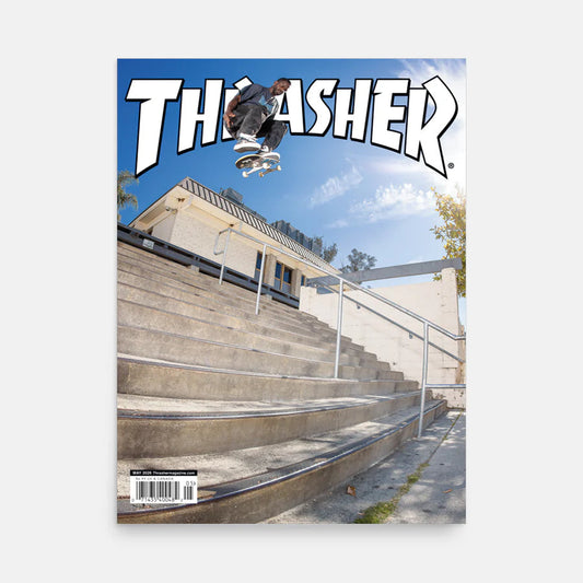 Thrasher magazine cover with a skateboarder on a ledge