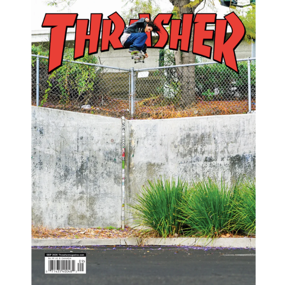 Thrasher magazine cover featuring a skateboarding scene with a person jumping over a chain-link fence in front of a concrete wall.
