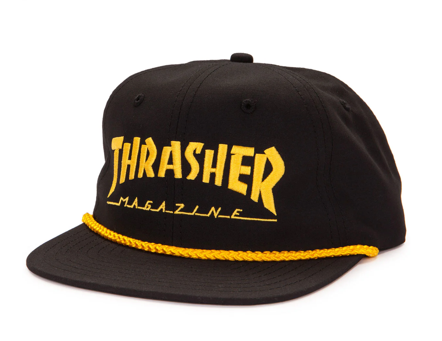 Black cap with yellow 'Thrasher Magazine' logo on a white background