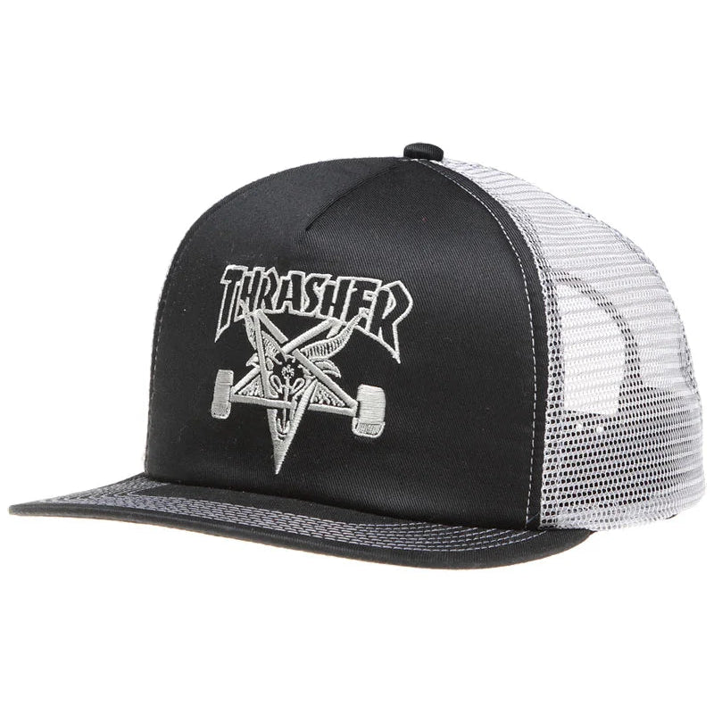 A black and silver Thrasher trucker hat with a black front panel, silver mesh back, and a silver graphic logo on the front.