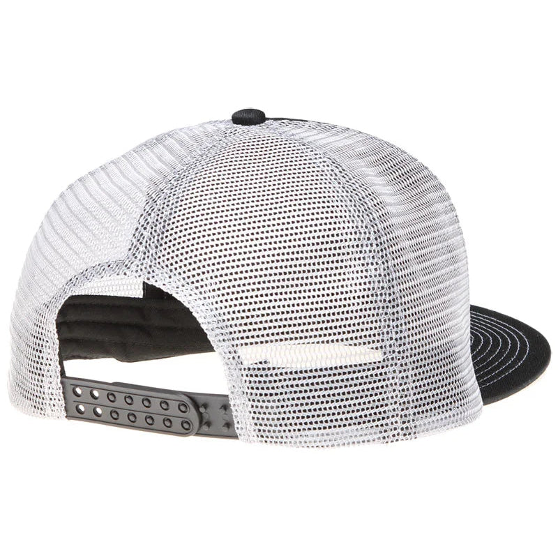 A white and black trucker-style baseball cap shown from the back, featuring a white mesh back, a black visor, and an adjustable black snap closure.