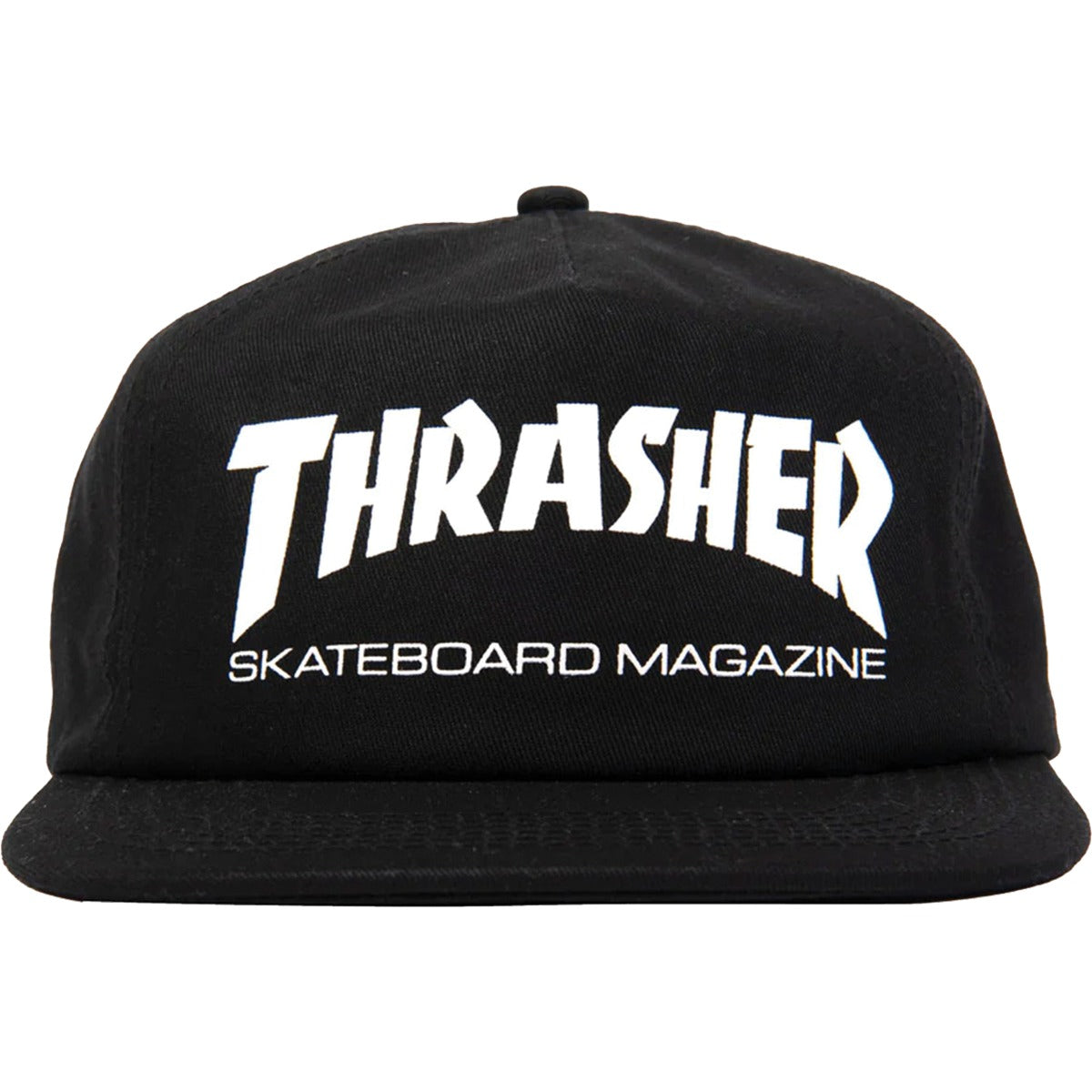 A black flat-brim snapback cap featuring the white 'THRASHER SKATEBOARD MAGAZINE' logo on the front, set against a plain white background.