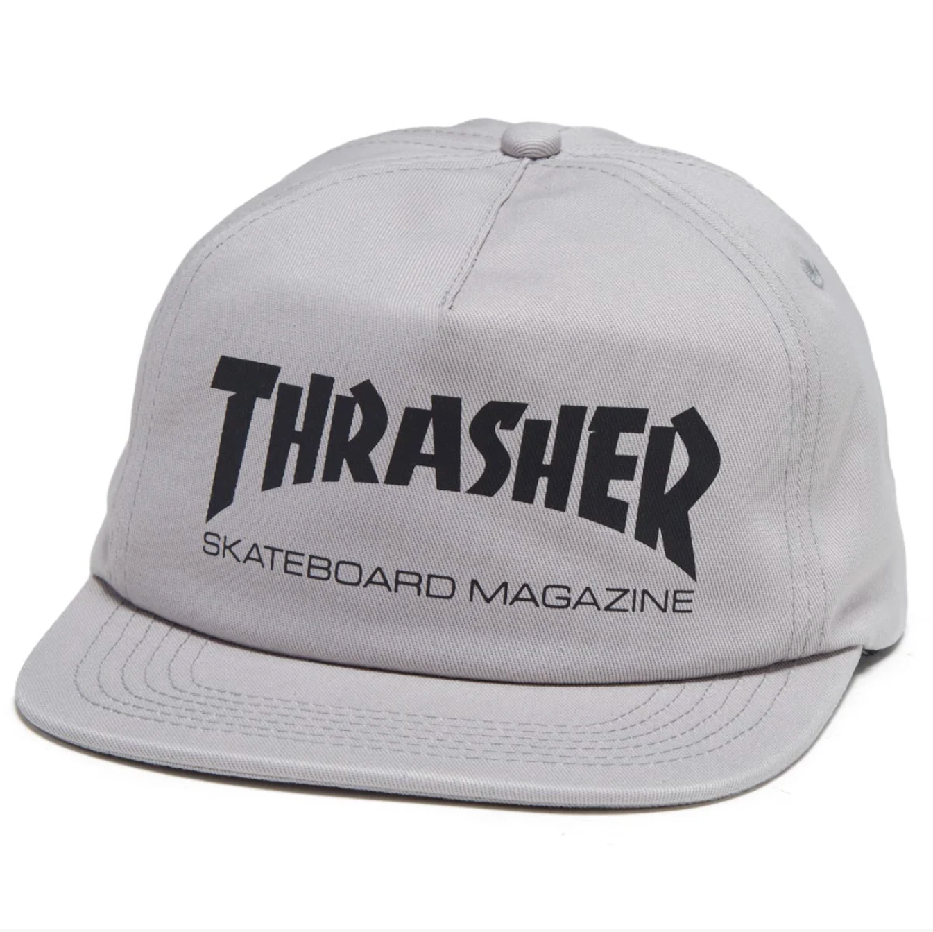 A light gray flat-brim baseball cap featuring the black Thrasher Skateboard Magazine logo on the front, set against a plain white background.