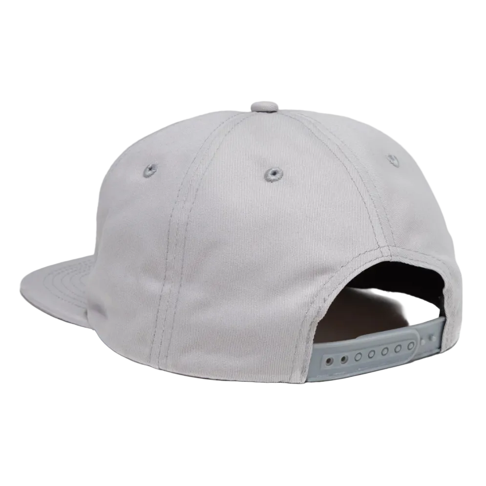 A light gray snapback cap shown from the back, featuring a structured six-panel crown, matching gray button and eyelets, and an adjustable hook-and-loop closure.