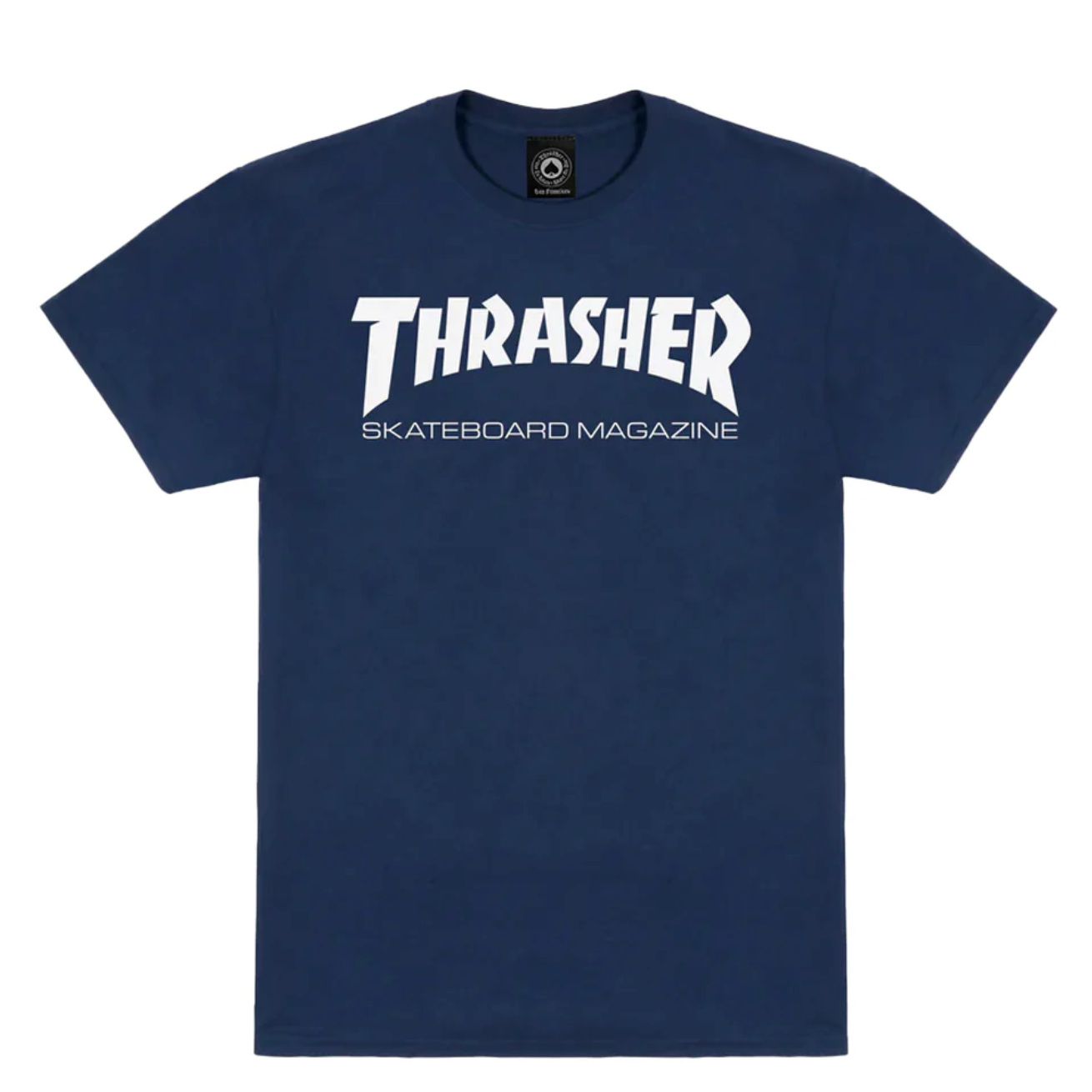 Navy blue t-shirt with white 'Thrasher Skateboard Magazine' logo on a white background