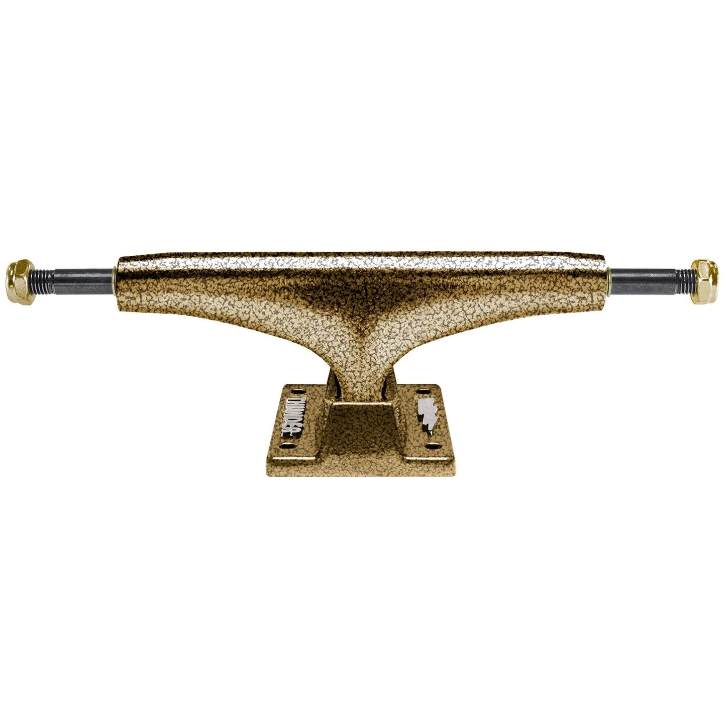 A single skateboard truck with a textured gold finish 