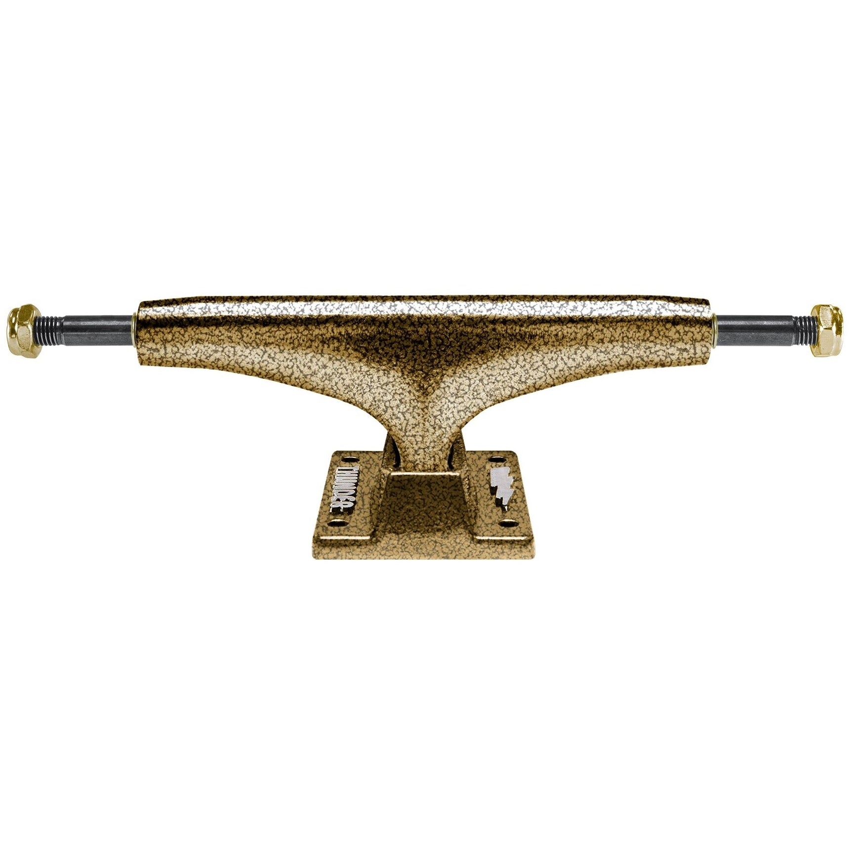 A single skateboard truck with a textured gold finish 