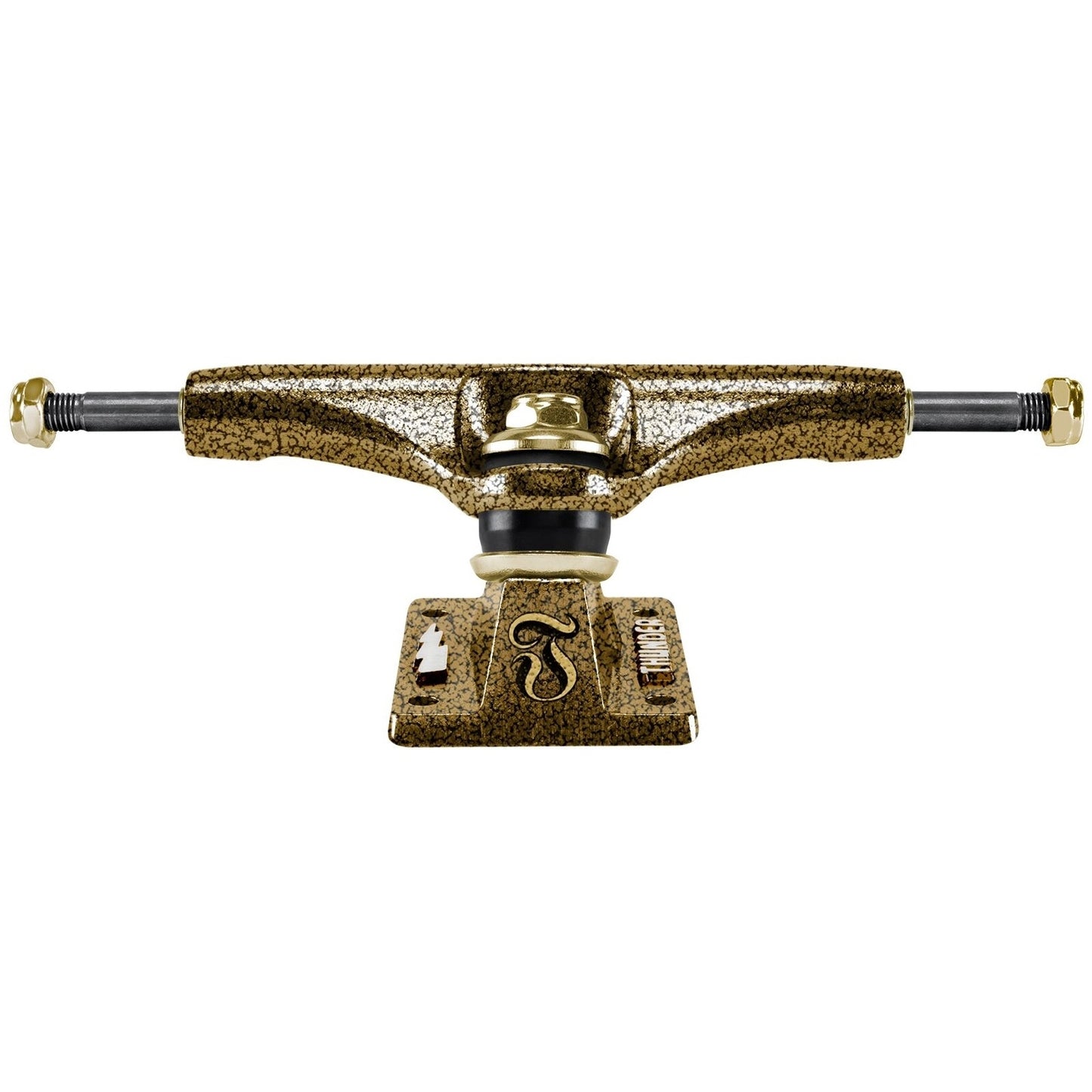 A single skateboard truck with a textured gold and black finish, featuring a gold bushing and a black inner tube