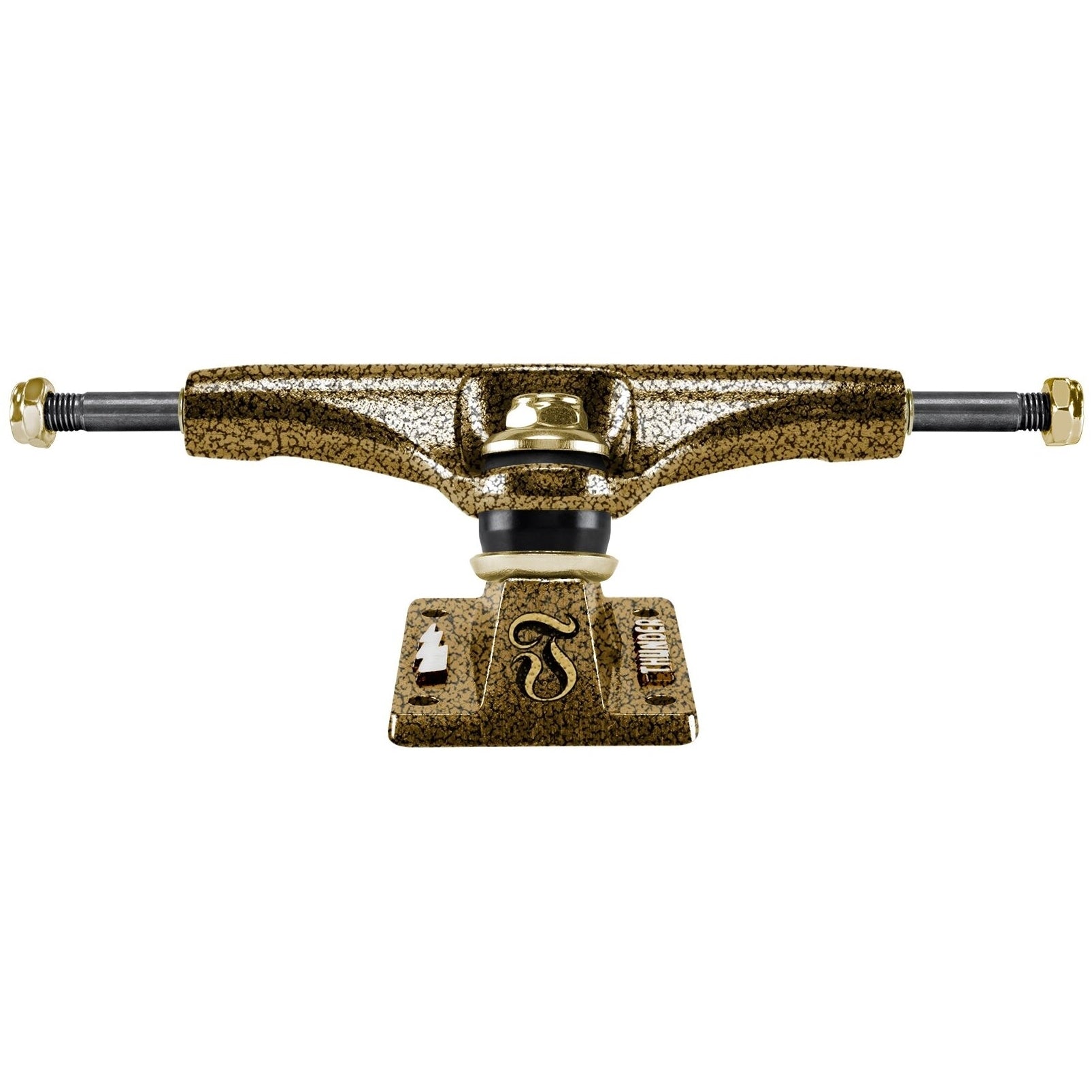 A single skateboard truck with a textured gold and black finish, featuring a gold bushing and a black inner tube