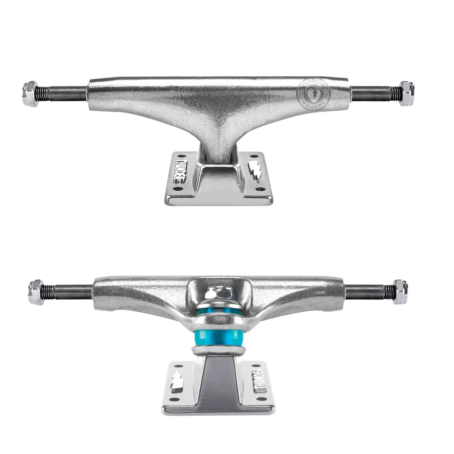Two metallic skateboard truck components on a white background