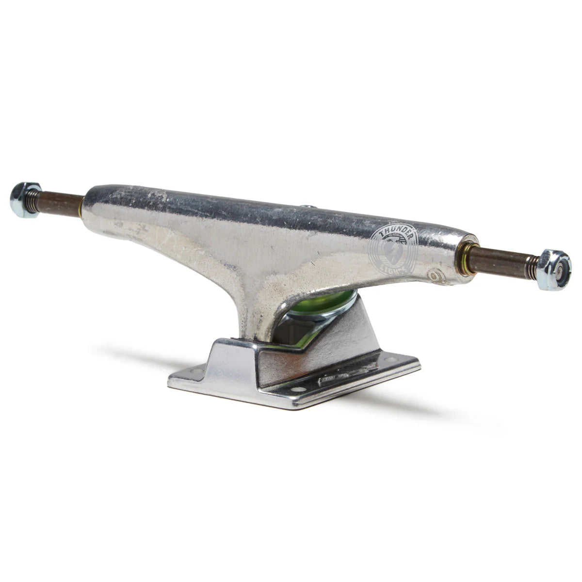 Skateboard truck with metal finish on a white background