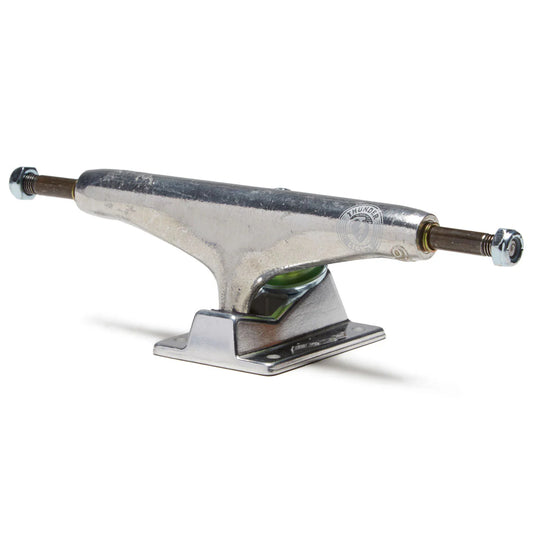 Skateboard truck with metal finish on a white background
