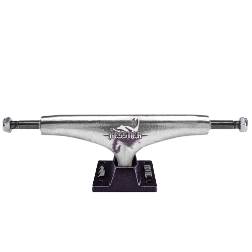 A single skateboard truck with a silver metal hardware body and a dark purple base