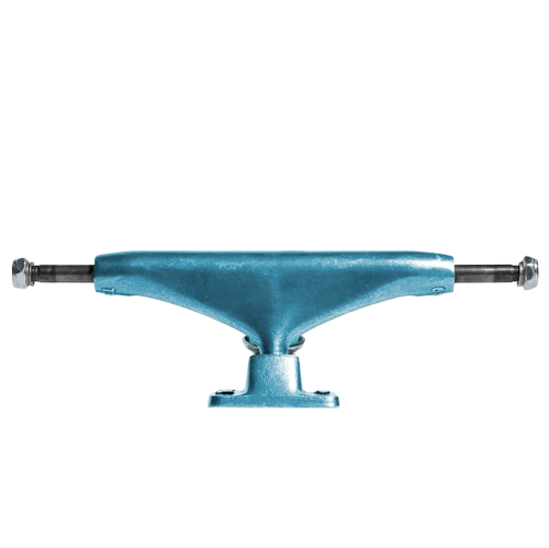 A single skateboard truck with a blue painted metal body and silver metal axles