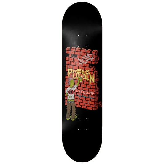 A black skateboard deck featuring a graphic of a brick wall with graffiti and a cartoon figure, with the text 'POSSIBLY POSSIBLE' and '100%'.