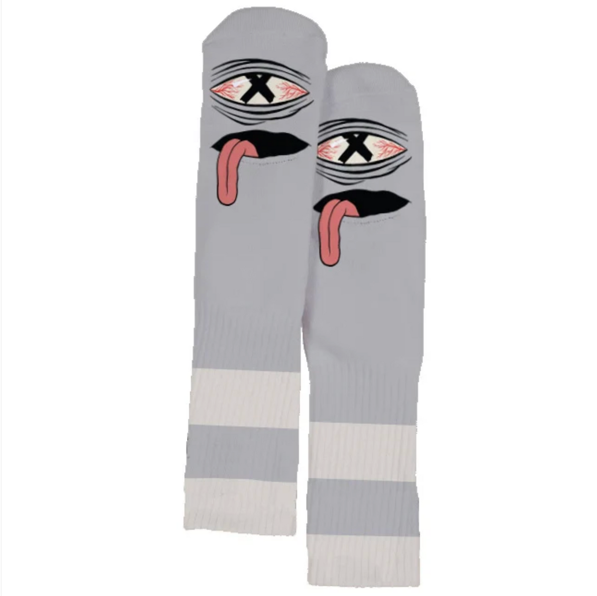 A pair of light gray crew socks with a graphic of a stylized eye and tongue on each sock, finished with white ribbed cuffs.