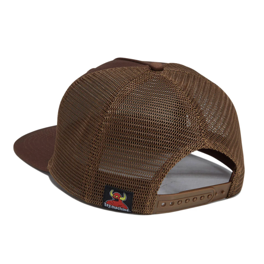 A brown trucker-style snapback cap shown from the back, featuring a brown mesh back, solid brown visor, and a small embroidered brand patch on the side.