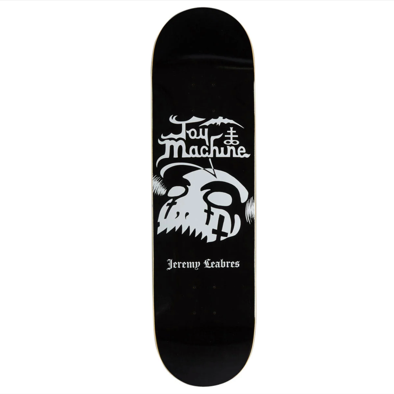 A black skateboard deck featuring a white graphic of a skull with a crossbow and the text 'For The Machine' and 'Jeremy Leaures' on a plain white background.
