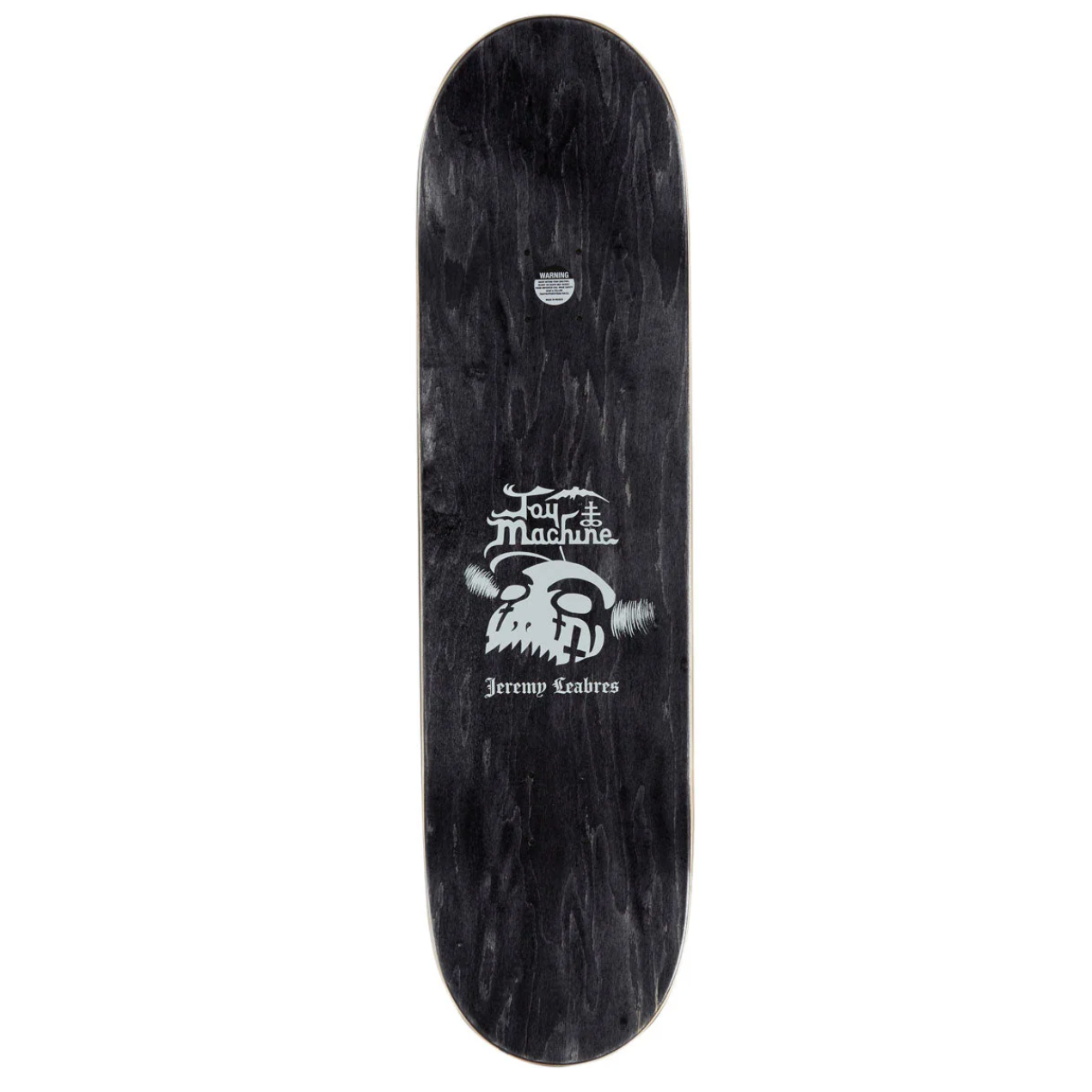 A skateboard deck shown from the underside, featuring a black wood-grain finish with a white graphic of a skull wearing a crown and the text 'Jersey Karts'.