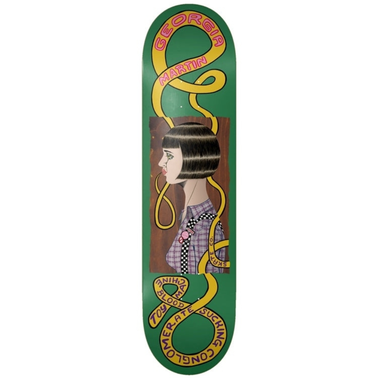 A skateboard deck featuring a green background with a stylized illustration of a woman in profile, overlaid with a yellow snake graphic and text reading 'Georgina Martin' and 'Conveyor Chains'.