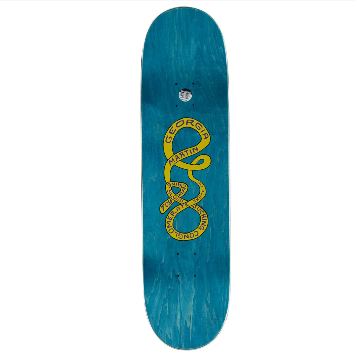 A skateboard deck with a vibrant teal-blue wood grain finish and a bold yellow graphic in the center featuring the text 'ST. LOUIS' and a coiled snake design.