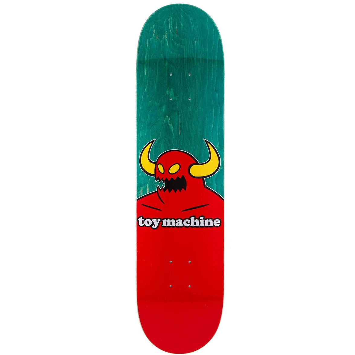 Skateboard deck with a red and green design featuring a monster face and 'toy machine' branding on a white background.