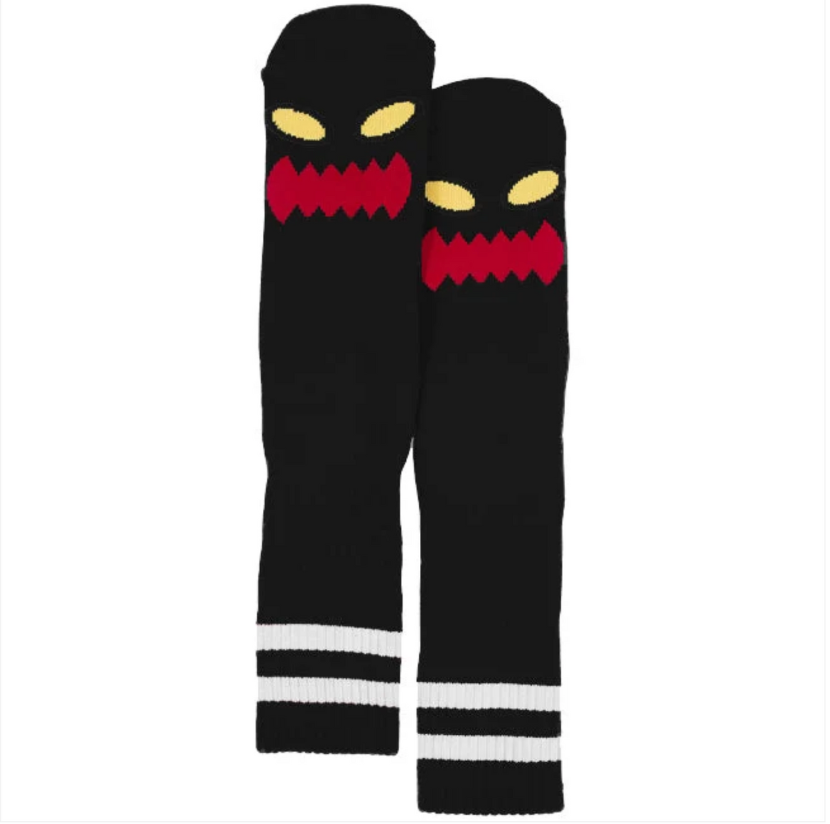 A pair of black knit socks with a red and yellow monster face design on the upper leg and white stripes near the cuff, shown on a plain white background.