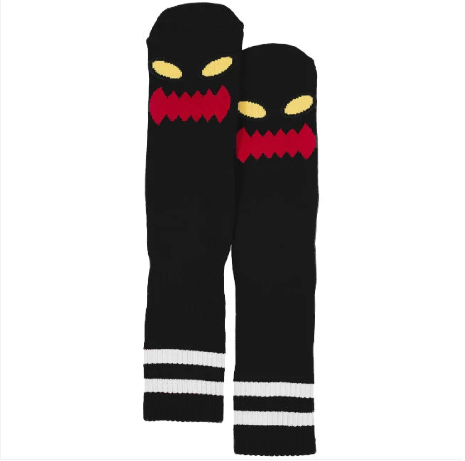 A pair of black knit socks with a red and yellow monster face design on the upper leg and white stripes near the cuff, shown on a plain white background.