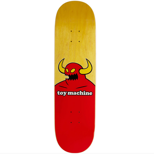 Skateboard deck with a red and yellow design and 'toy machine' branding on a white background