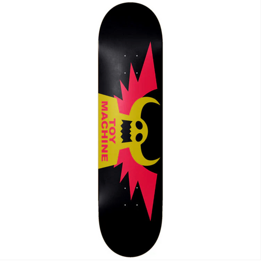 Skateboard deck with red and yellow design on a black background