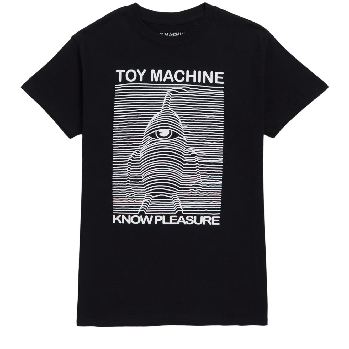 A black short-sleeve crewneck t-shirt featuring a white graphic print of a striped, eye-like character with the text 'TOY MACHINE' above and 'KNOW PLEASURE' below, shown against a plain white background.