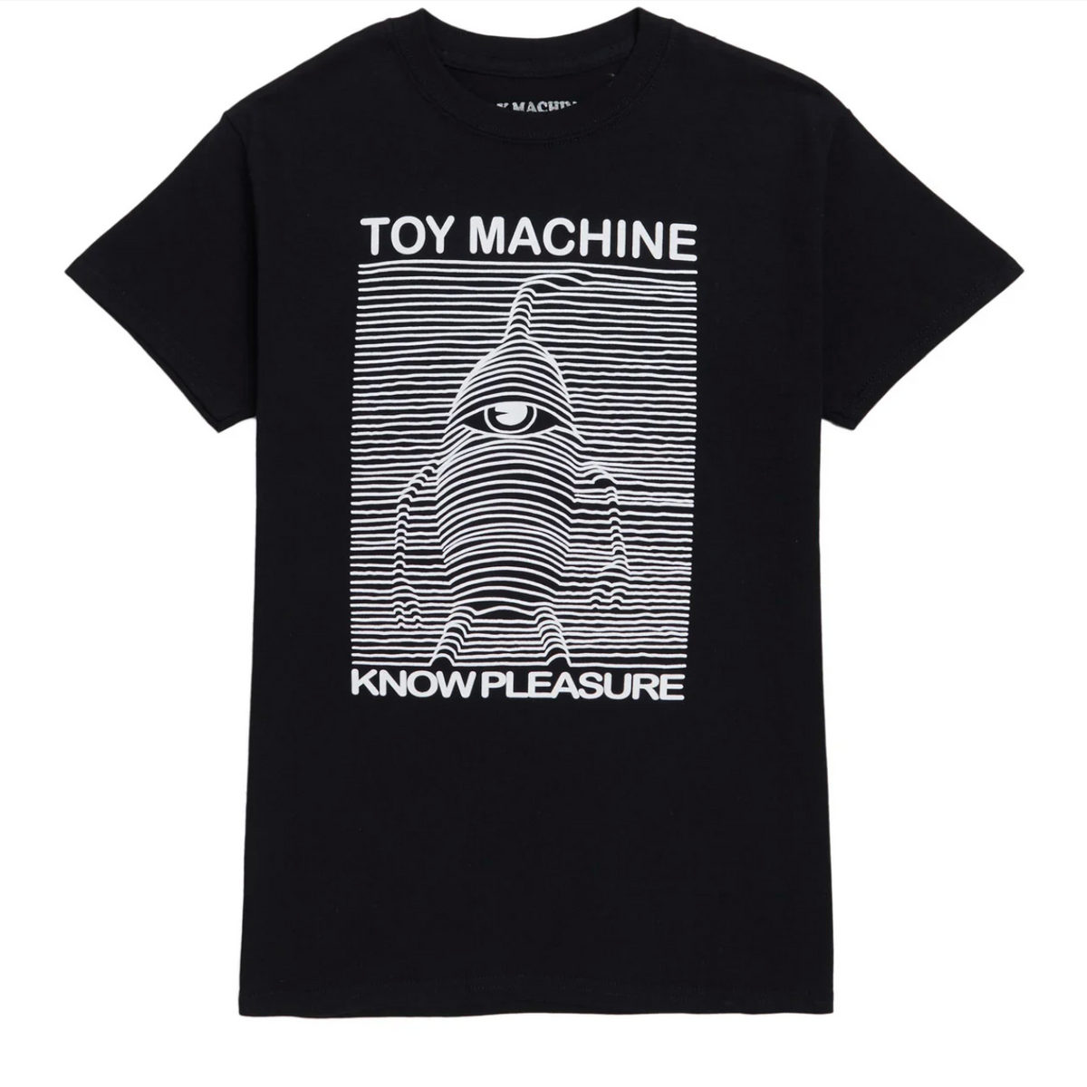 A black short-sleeve crewneck t-shirt featuring a white graphic print of a striped, eye-like character with the text 'TOY MACHINE' above and 'KNOW PLEASURE' below, shown against a plain white background.