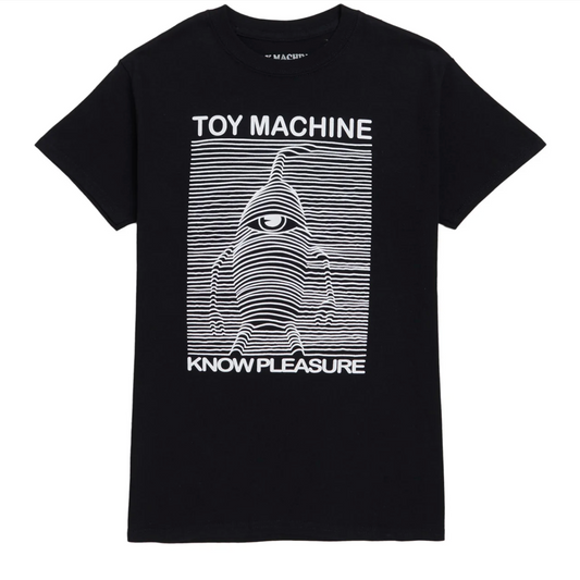 A black short-sleeve crewneck t-shirt featuring a white graphic print of a striped, eye-like character with the text 'TOY MACHINE' above and 'KNOW PLEASURE' below, shown against a plain white background.