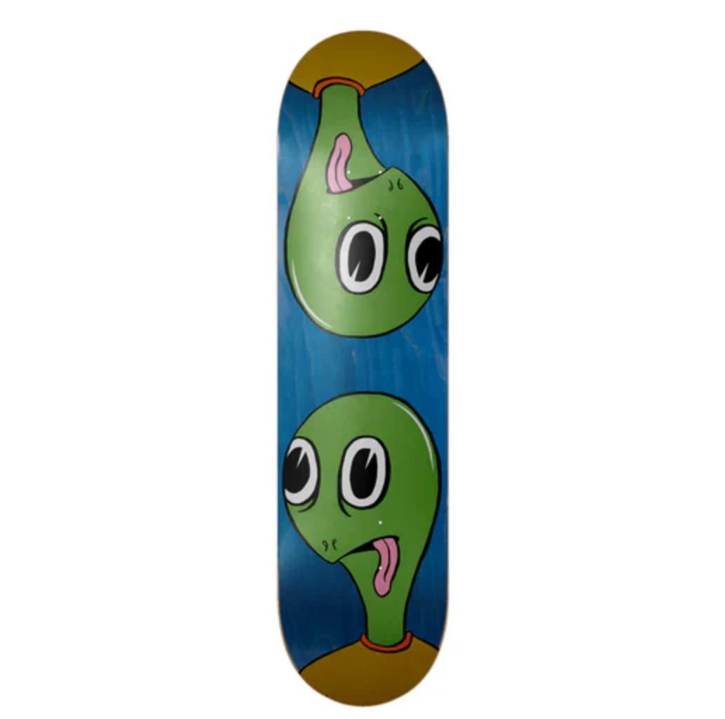Skateboard deck with a cartoonish green character design on a blue background