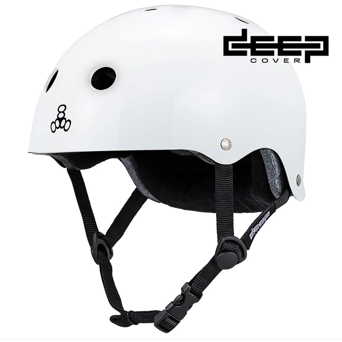 A white Deep Cover full-face helmet with black straps and interior padding, shown on a plain white background with the Deep Cover logo visible.
