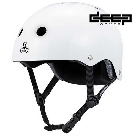 A white Deep Cover full-face helmet with black straps and interior padding, shown on a plain white background with the Deep Cover logo visible.