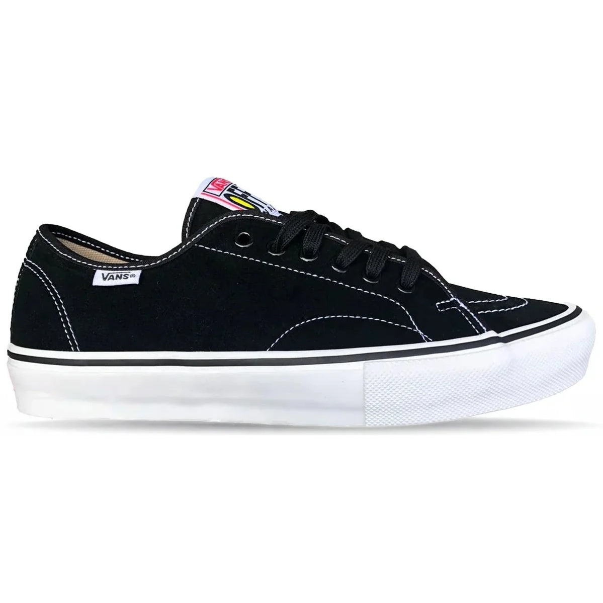 A black Vans platform sneaker with a thick white sole, black laces, and white contrast stitching, shown from a side profile