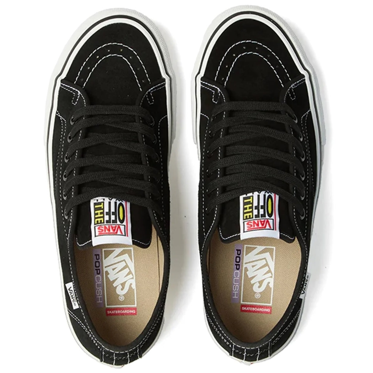 A pair of black Vans Off-White Pop Cush sneakers shown from a top-down view 