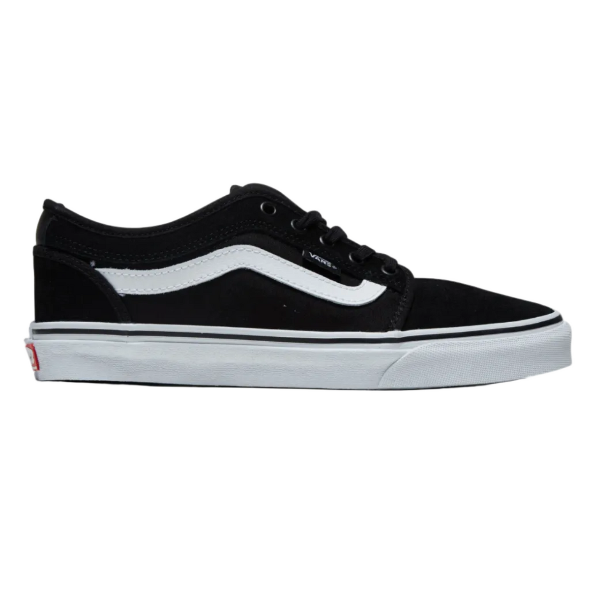 A black canvas low-top sneaker with black laces and a thick white rubber sole, shown in a side profile view against a plain white background.