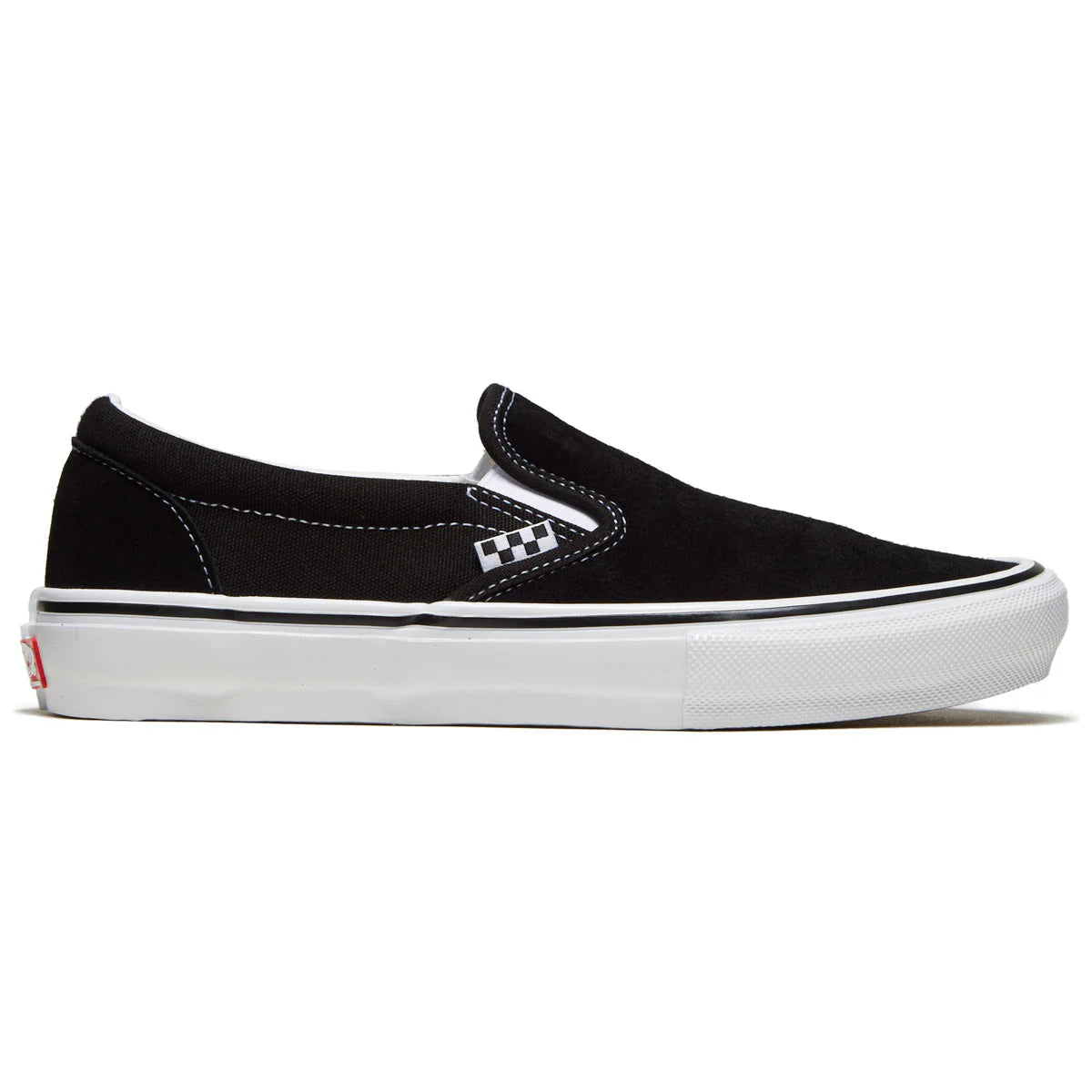 Black slip-on sneaker with white sole on a white background