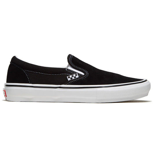 Black slip-on sneaker with white sole on a white background