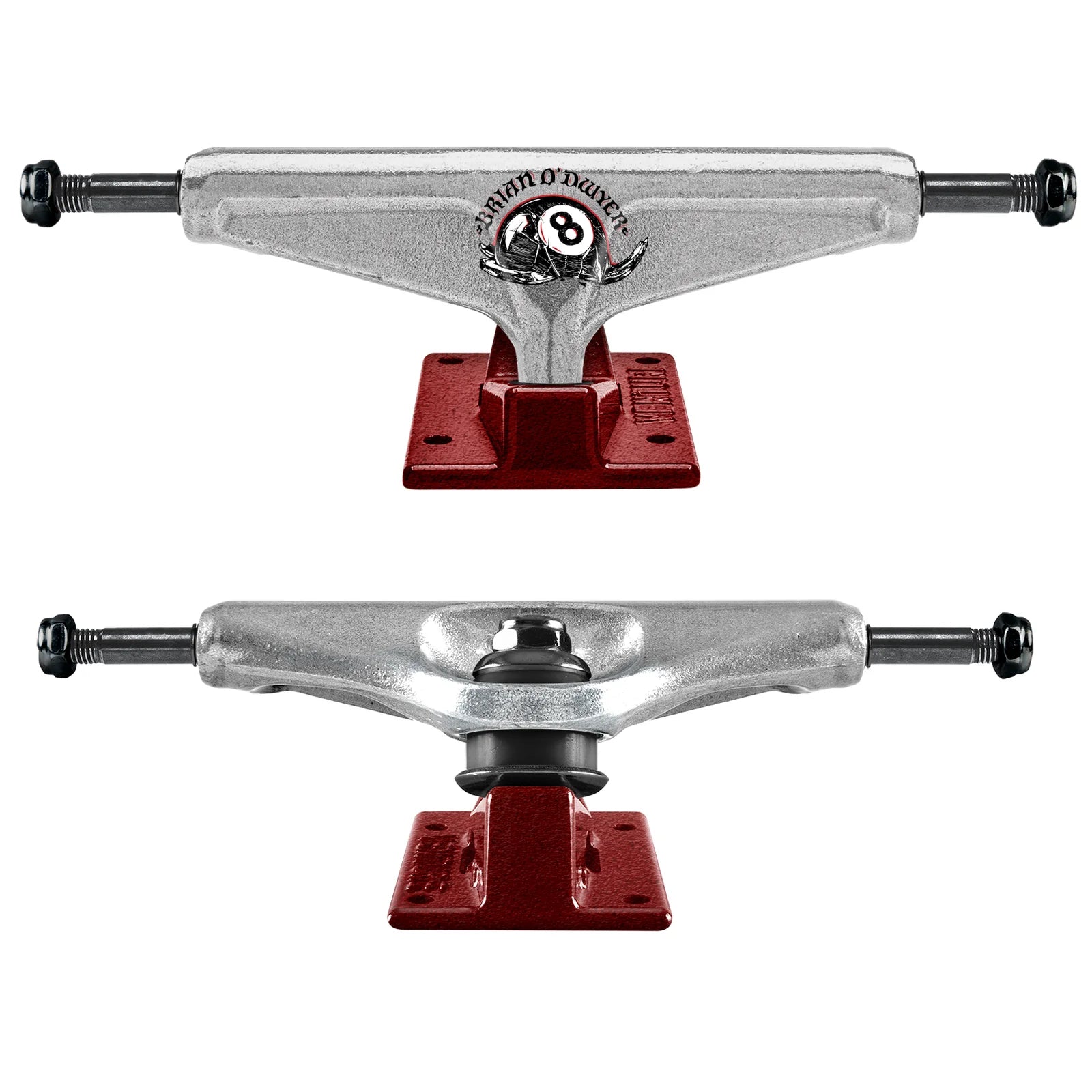 Two skateboard trucks with red trucks and silver ends on a white background